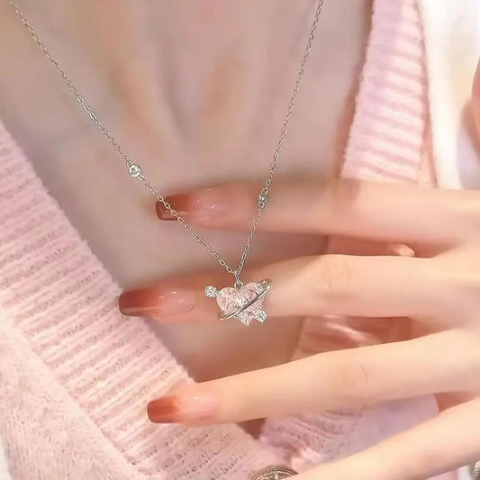 Needxo Pink Heart Crystal Pendant Necklace – Elegant Love Charm for Every Occasion