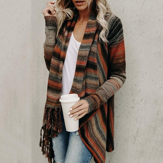 Needxo Tassels Gradient Stripe Long Shawl Sweater – Cozy Elegance with a Stylish Flow