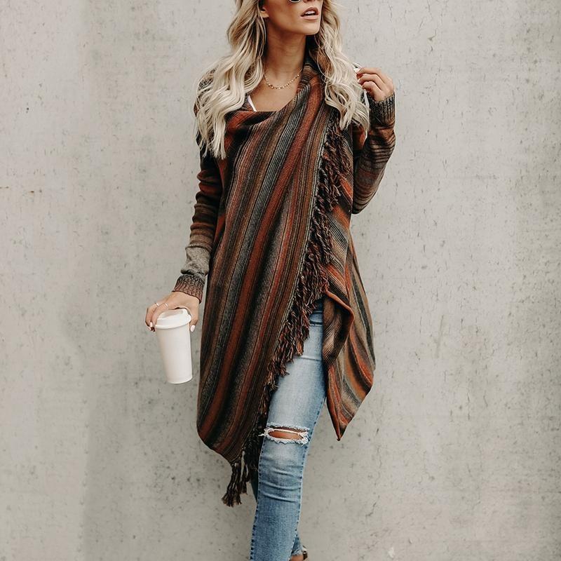 Needxo Tassels Gradient Stripe Long Shawl Sweater – Cozy Elegance with a Stylish Flow